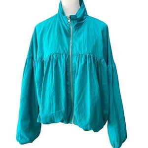 Free people wind breaker teal bubble sleeve full zip jacket oversized small